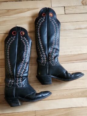 Black Leather Western Cowboy Boots with Red Stitching